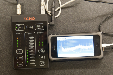 Echo2 USB audio interface connected to iPhone 5 running SignalScope for iOS